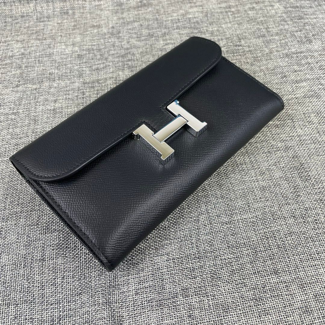 H**me5 Constance Togo Long Wallet 20cm/7.9in Silver Toned Hardware For Women Black