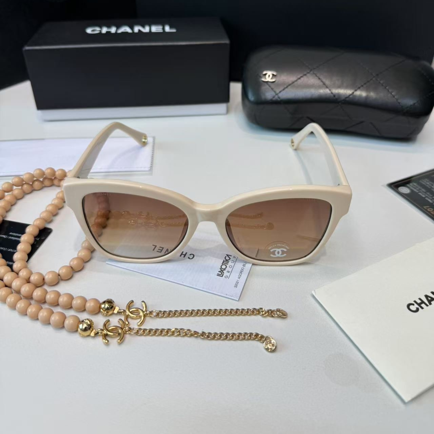 Ch**el Square Sunglasses Beige And Gold For Women A71510 X08101 S9713