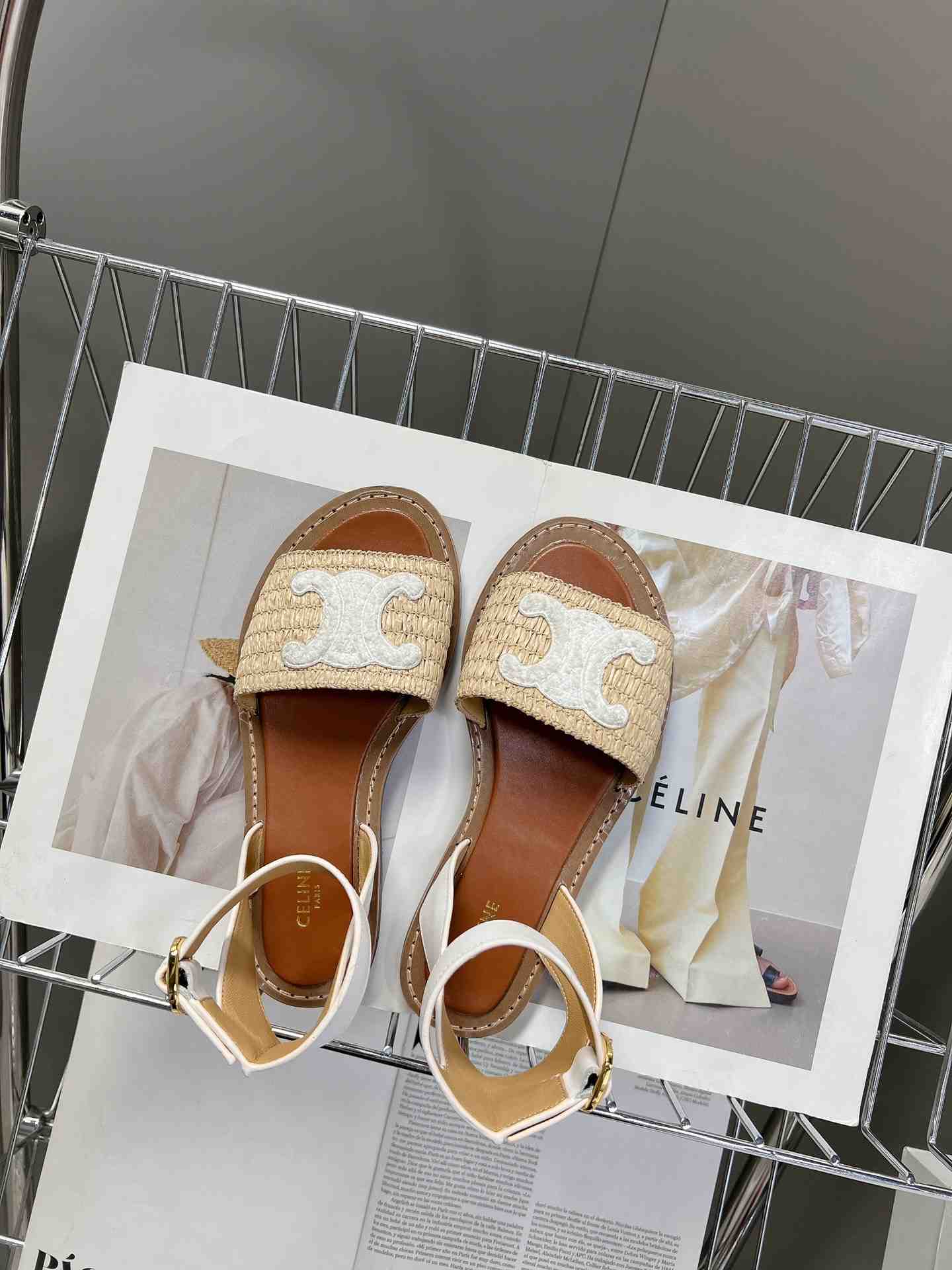 Ce1i*e Lympia Flat Strap Sandal In Raffia White For Women 352402248C.02GH