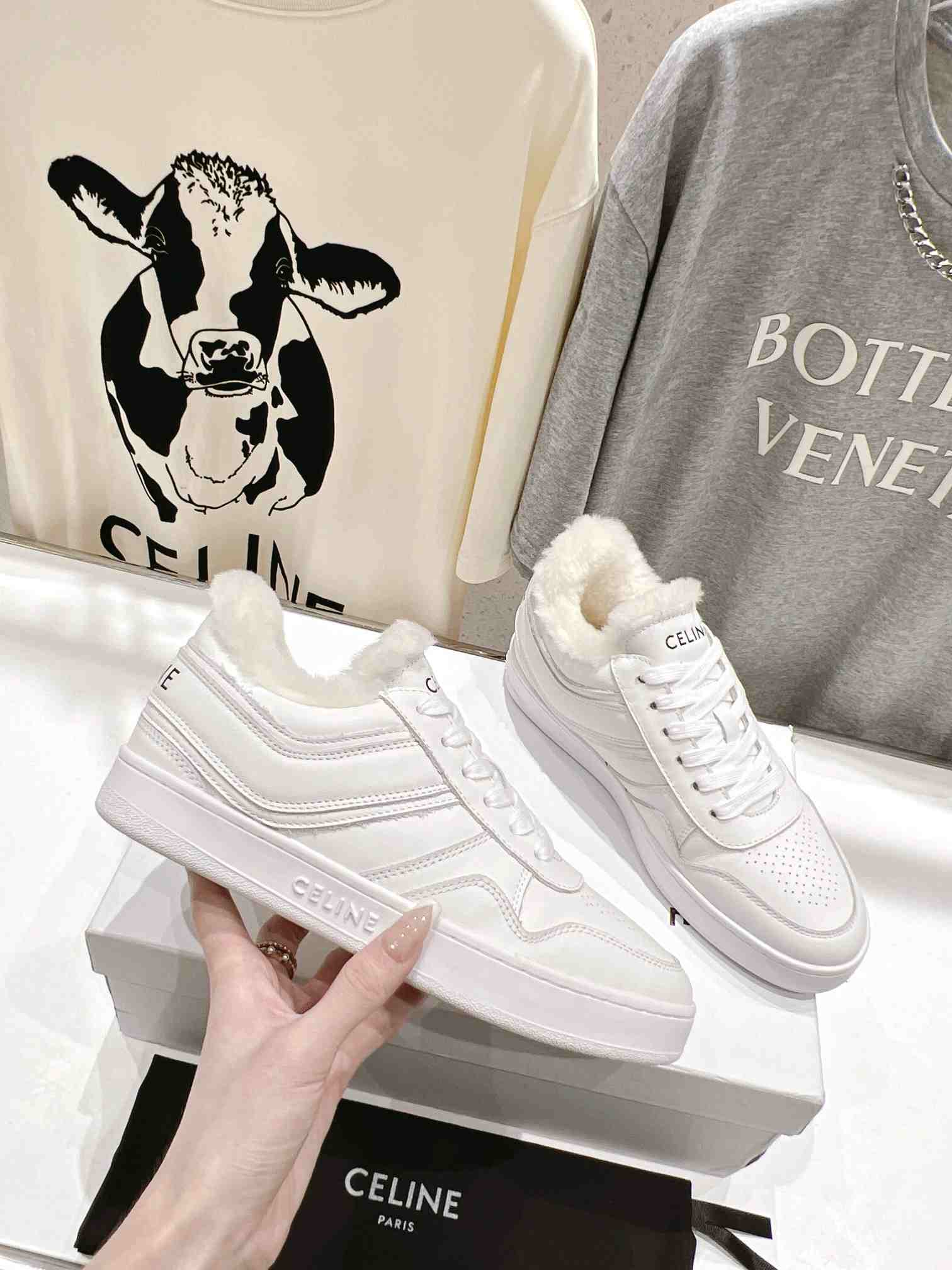 Ce1i*e Trainer Low Lace-Up Sneaker In Fur White For Women