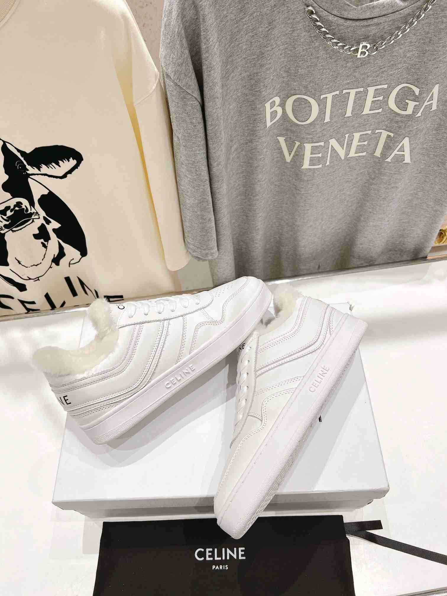 Ce1i*e Trainer Low Lace-Up Sneaker In Fur White For Women