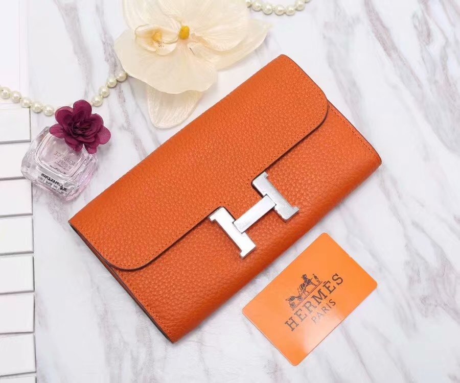 H**me5 Constance Togo Long Wallet 20cm/7.9in Silver Toned Hardware For Women Orange