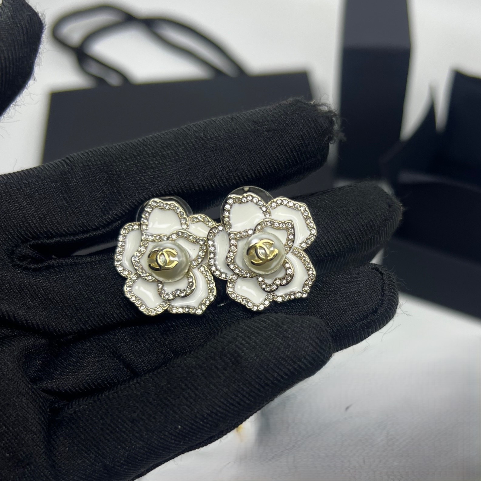 Ch**el Sweet Lady Camellia Earrings White For Women