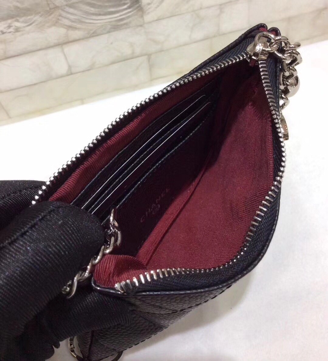 Ch**el CO-CO Classic Mini Pouch Wallet 14cm/5.5in Silver Toned Hardware For Women Black