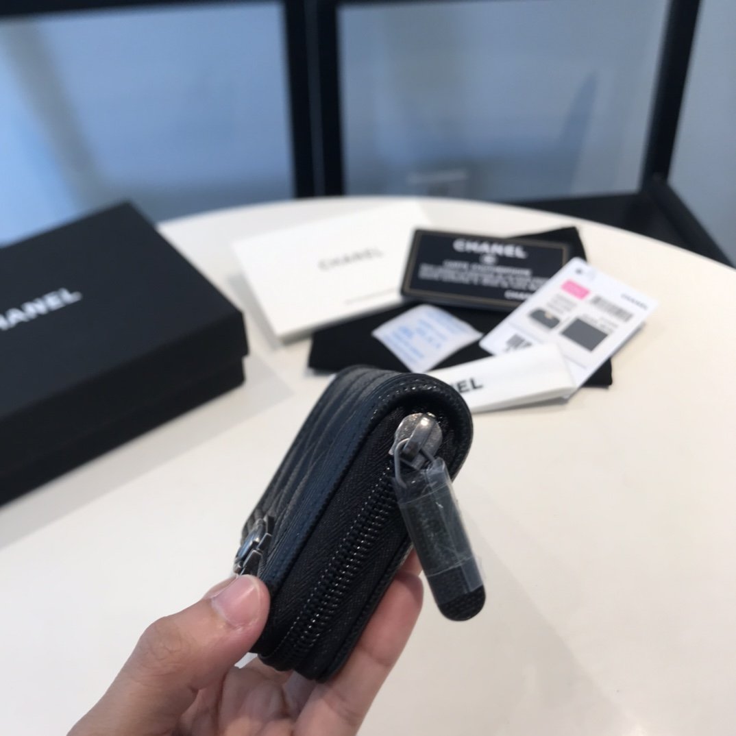 Ch**el CO-CO Boy Flap Card Holder Black Silver Hardware For Women 11.5cm/4.5in