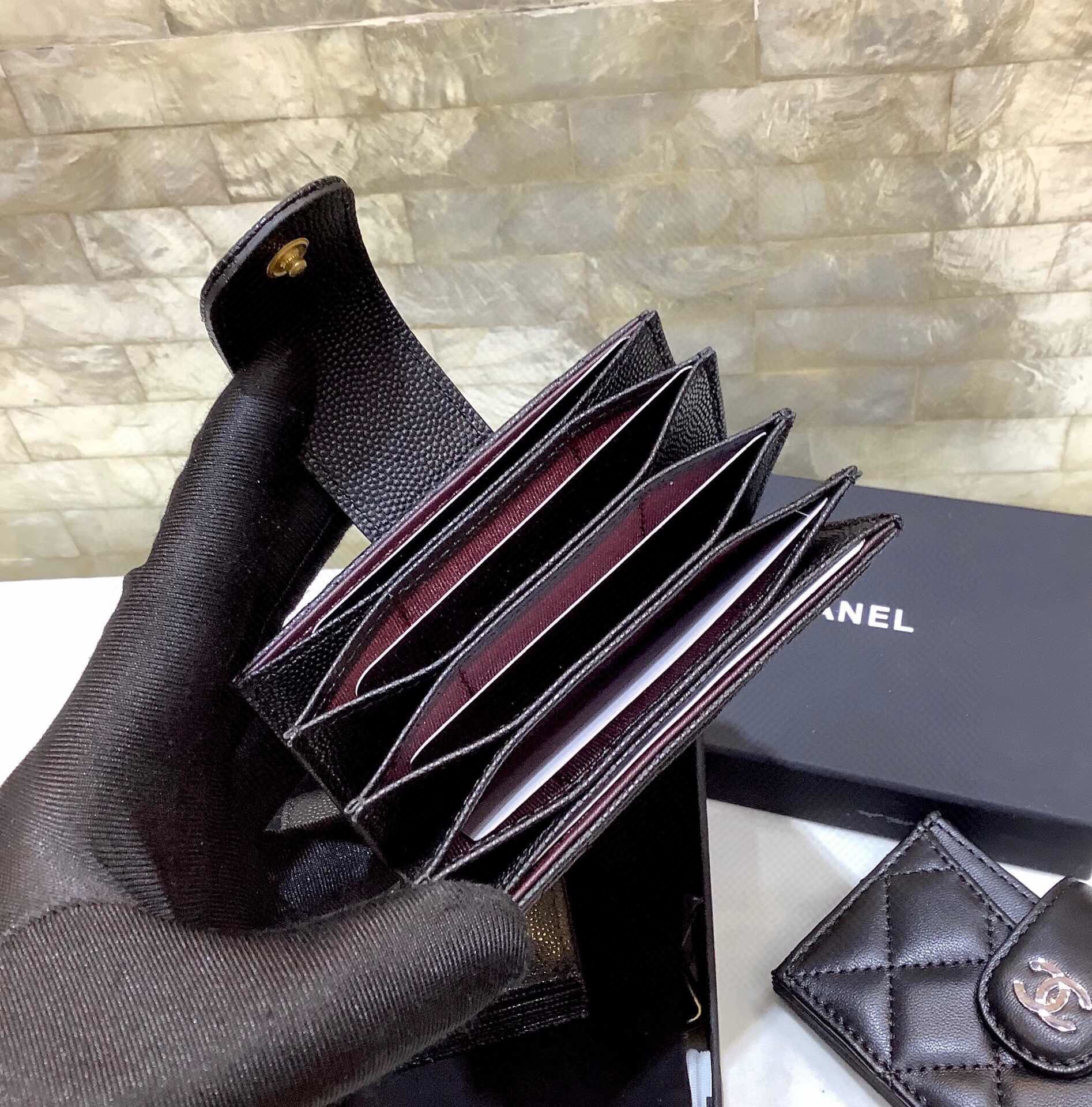 Ch**el CO-CO Card Holder Wallet Black Gold Hardware For Women 10cm/4in