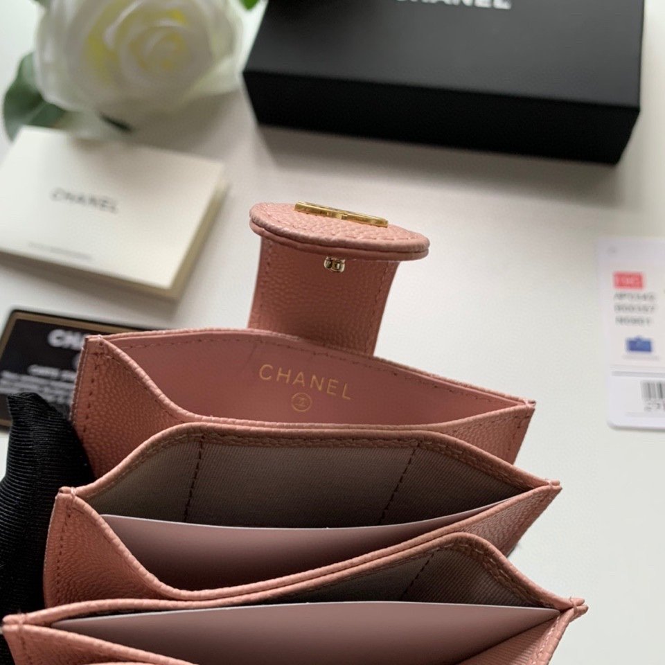 Ch**el CO-CO Card Holder Wallet Pink Gold Toned Hardware For Women 10cm/4in