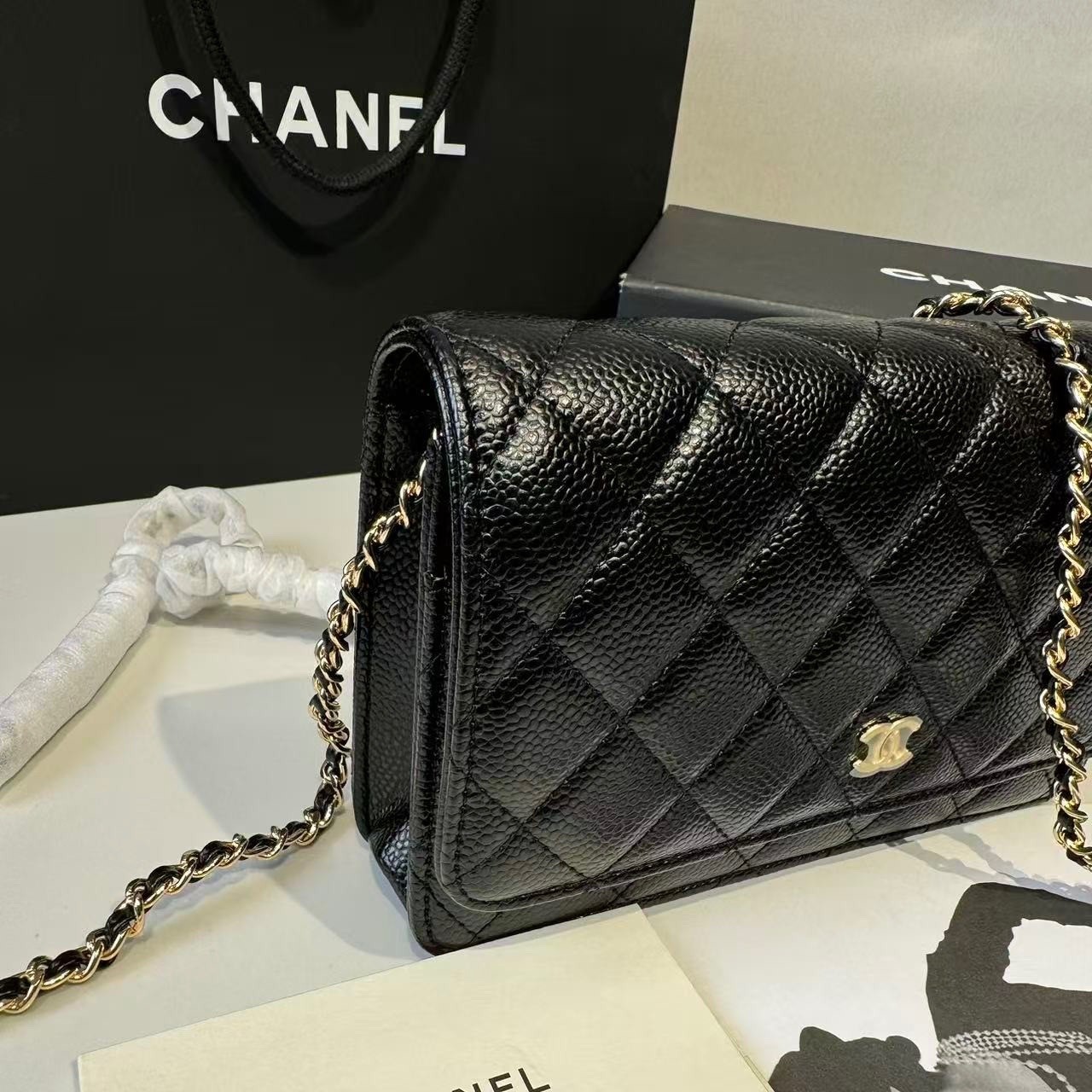 Ch**el CO-CO Classic Wallet On Chain 19cm/7.5in Gold Toned Hardware For Women Black