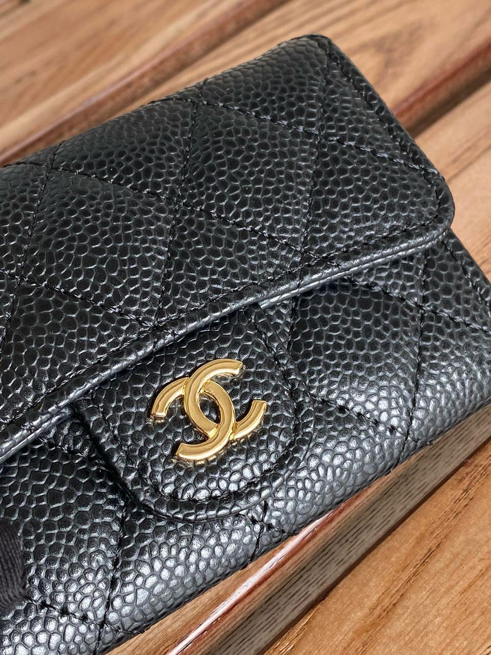 Ch**el Classic Card Holder Gold Black For Women, Women’s Wallet 4.5in/11.5cm