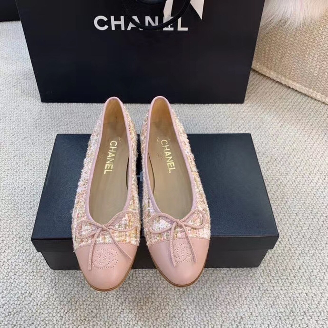 Ch**el Ballerina Flats Tweed and Grosgrain Light Pink For Women, Women’s Shoes G02819