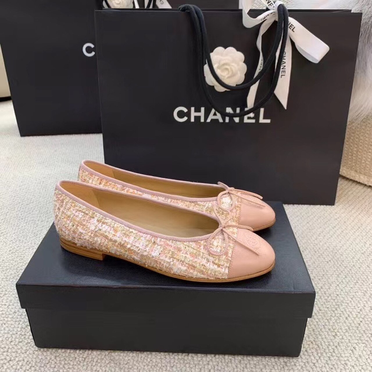 Ch**el Ballerina Flats Tweed and Grosgrain Light Pink For Women, Women’s Shoes G02819