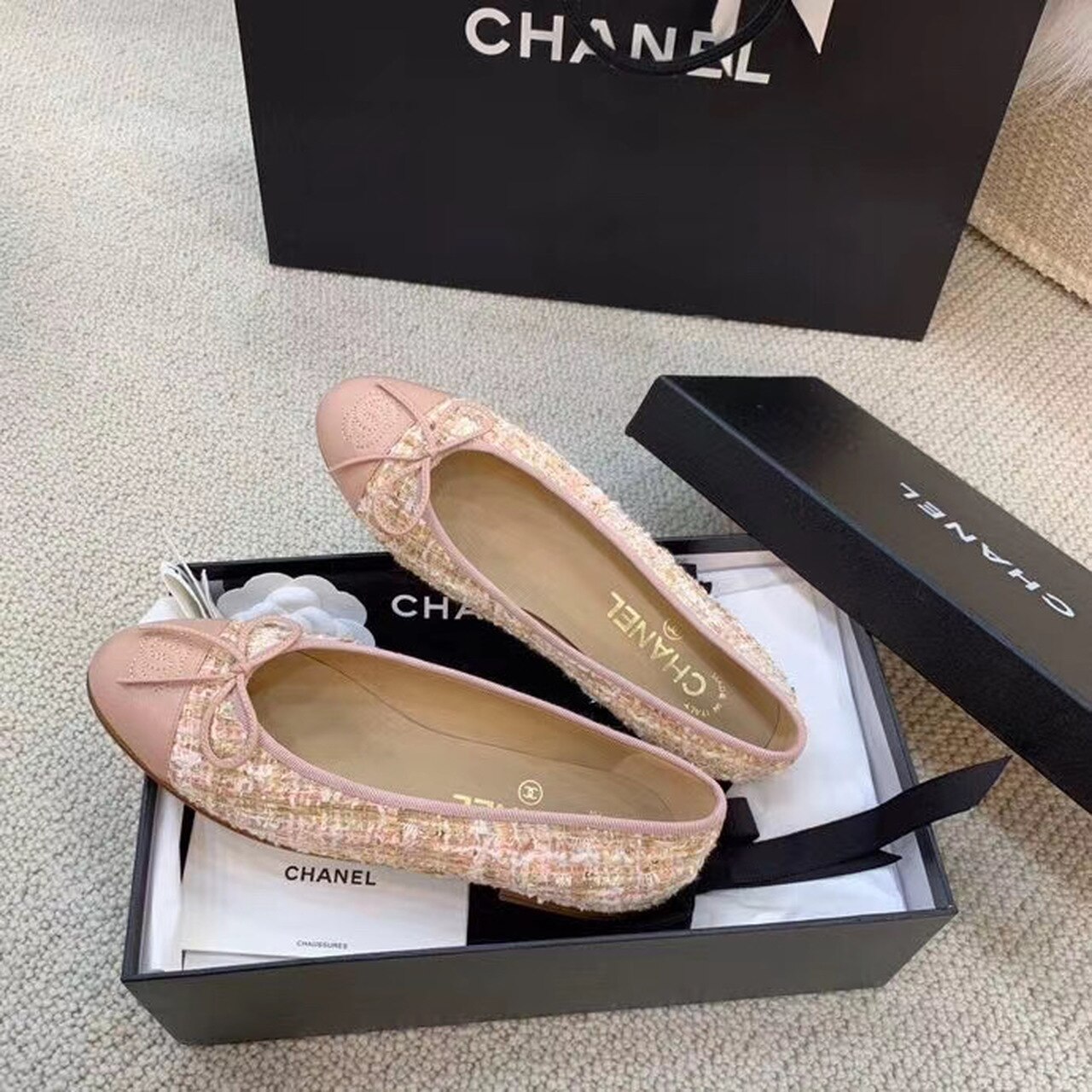 Ch**el Ballerina Flats Tweed and Grosgrain Light Pink For Women, Women’s Shoes G02819