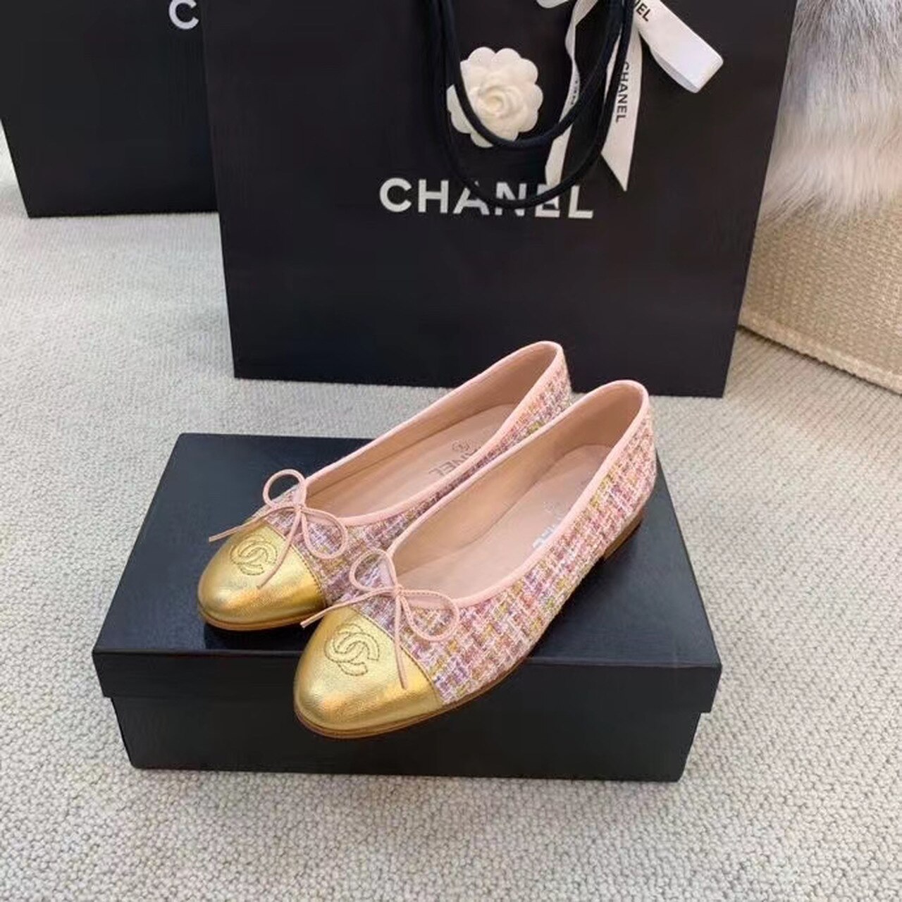 Ch**el Ballerina Flats Tweed and Grosgrain Pink/Gold For Women, Women’s Shoes G02819