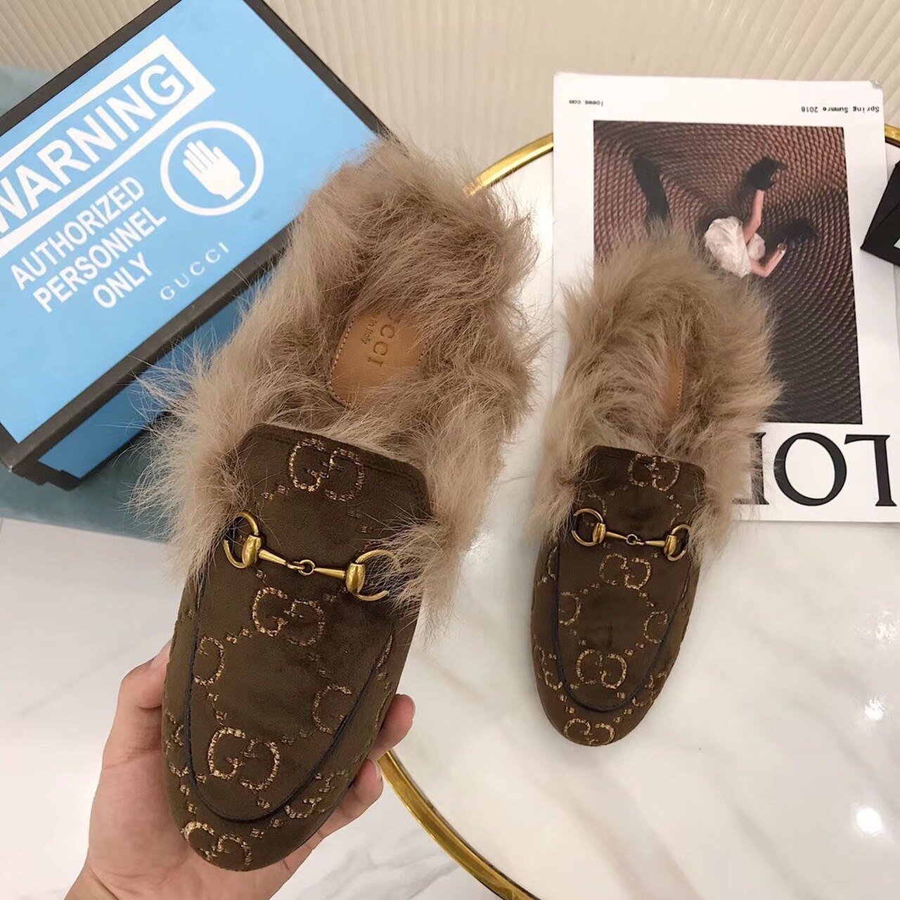 Gvc*1 Princetown Velvet Fur Slipper Mules 448657 Calfskin Leather Pre-Fall/Winter Collection, Brown