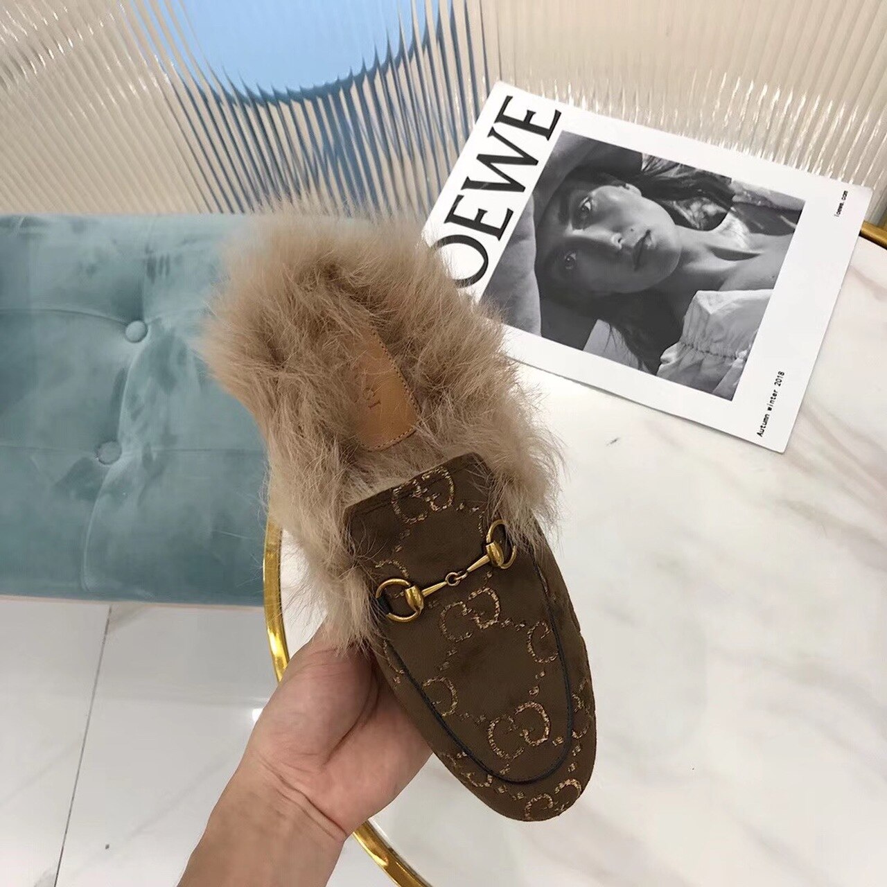 Gvc*1 Princetown Velvet Fur Slipper Mules 448657 Calfskin Leather Pre-Fall/Winter Collection, Brown