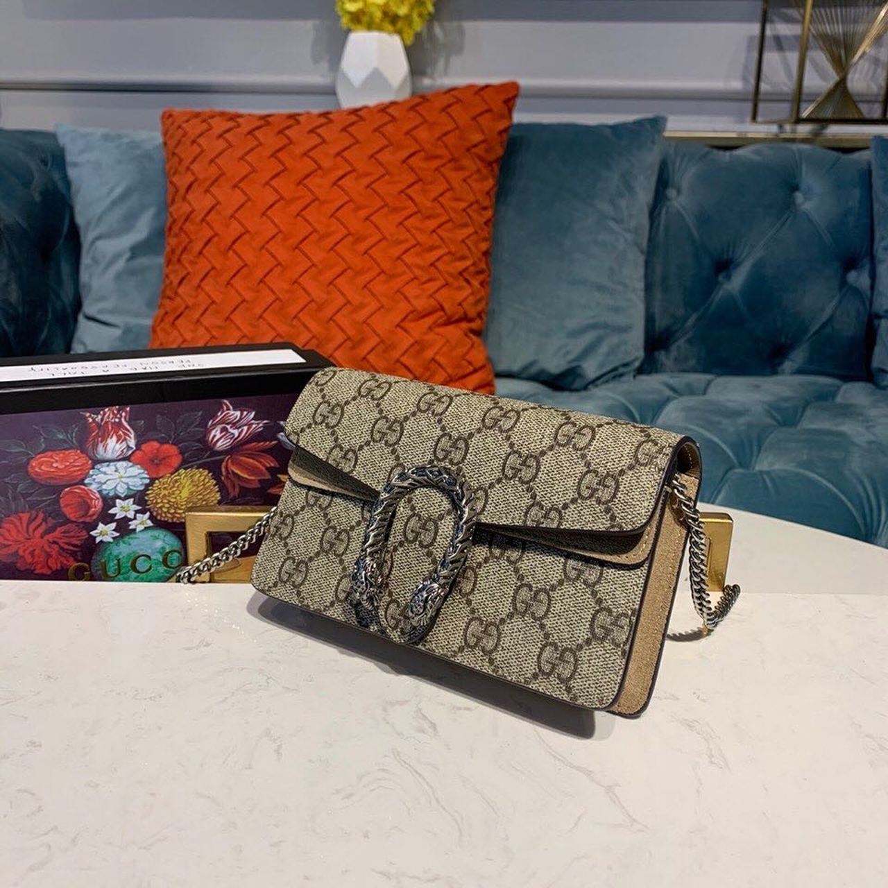 Gvc*1 Dionysus S*per Mini Bag Emerald GG Svp*me Canvas Made Using An Earth-Conscious Process With Taupe Detail For Women 6.5in/16.5cm GG ‎476432 KHNRN 8642