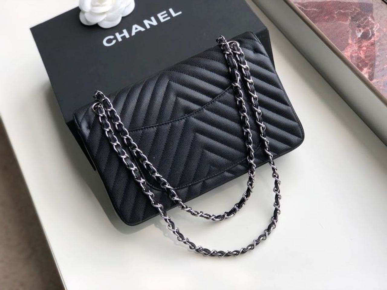 Ch**el Chevron Classic Handbag Silver Hardware Black For Women, Women’s Bags, Shoulder And Crossbody Bags 10.2in/26cm