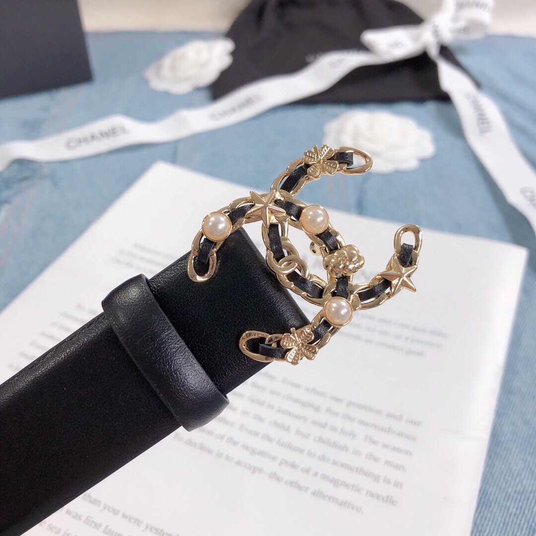 Ch**el Belt With Double C Buckle Black Gold Toned Hardware Women Belt