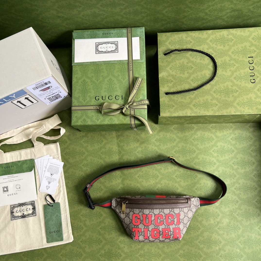 Gvc*1 Tiger GG Belt Bag Beige And Ebony GG Svp*me Canvas For Women And Men  6in/16cm 675181 US7DC 9395