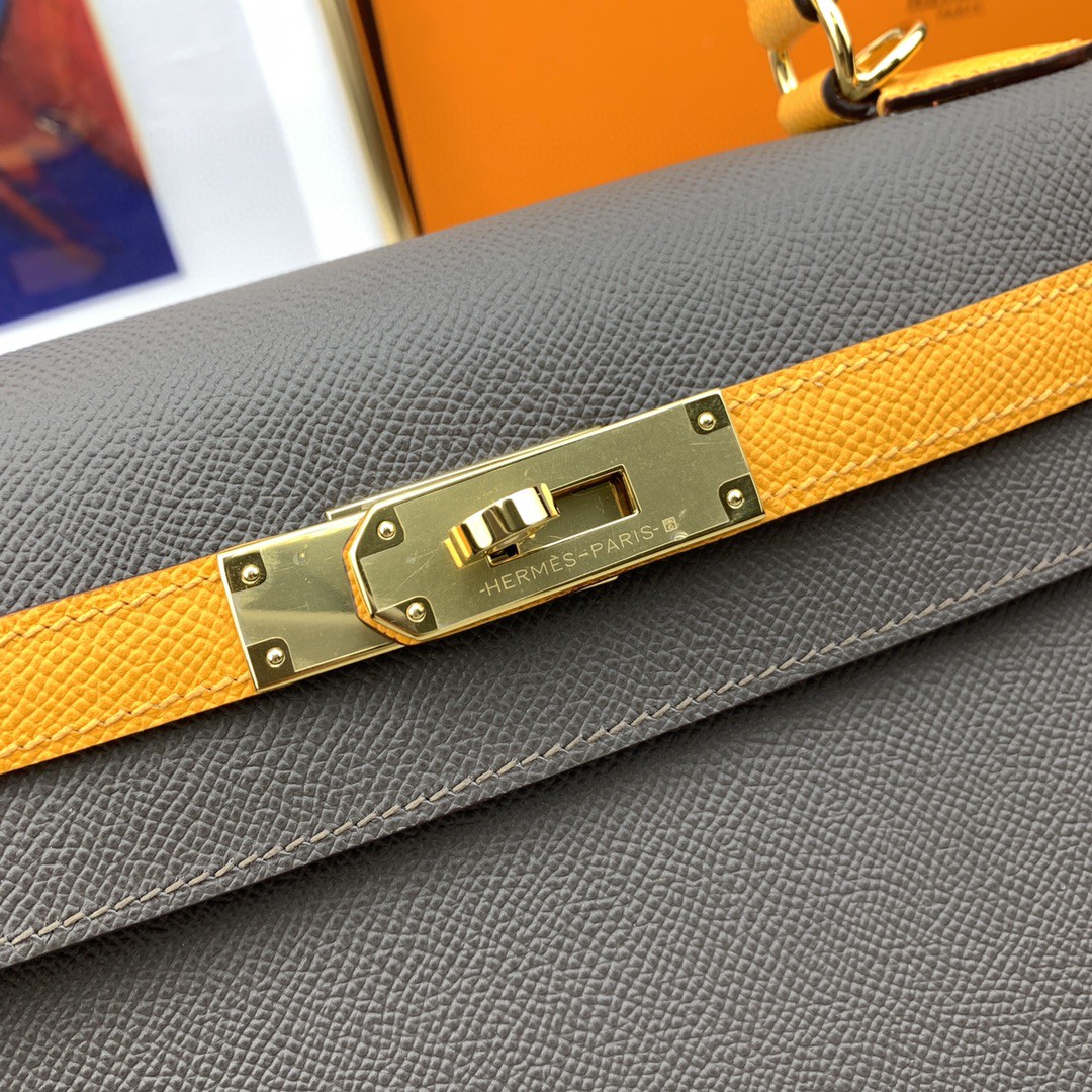 H**me5 Kelly 28 Sellier Epsom Dark Grey/Yellow Bag For Women, Women’s Handbags, Shoulder Bags 11in/28cm