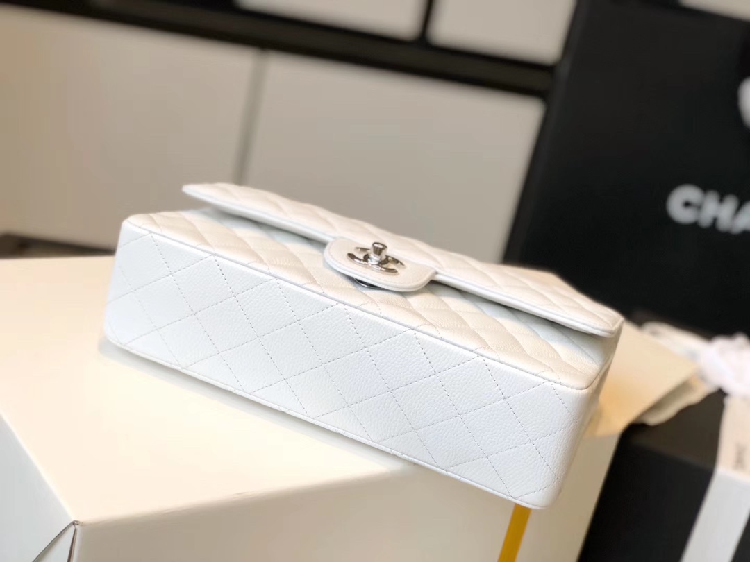 Ch**el Classic Medium Flapbag Silver Hardware White 10in/25.5cm