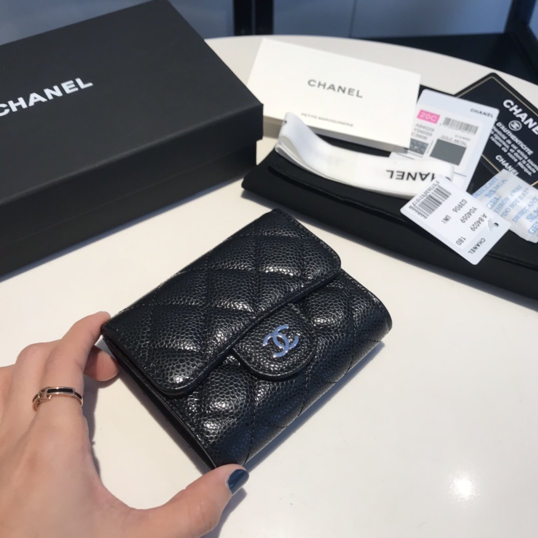 Ch**el CO-CO Classic Card Holder10.5cm/4.1in Silver Hardware For Women Black