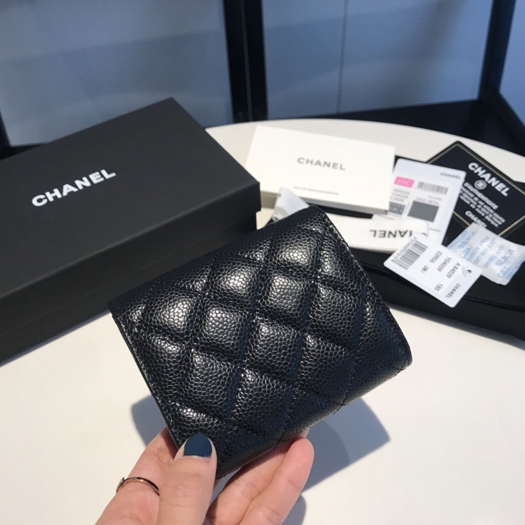 Ch**el CO-CO Classic Card Holder10.5cm/4.1in Silver Hardware For Women Black