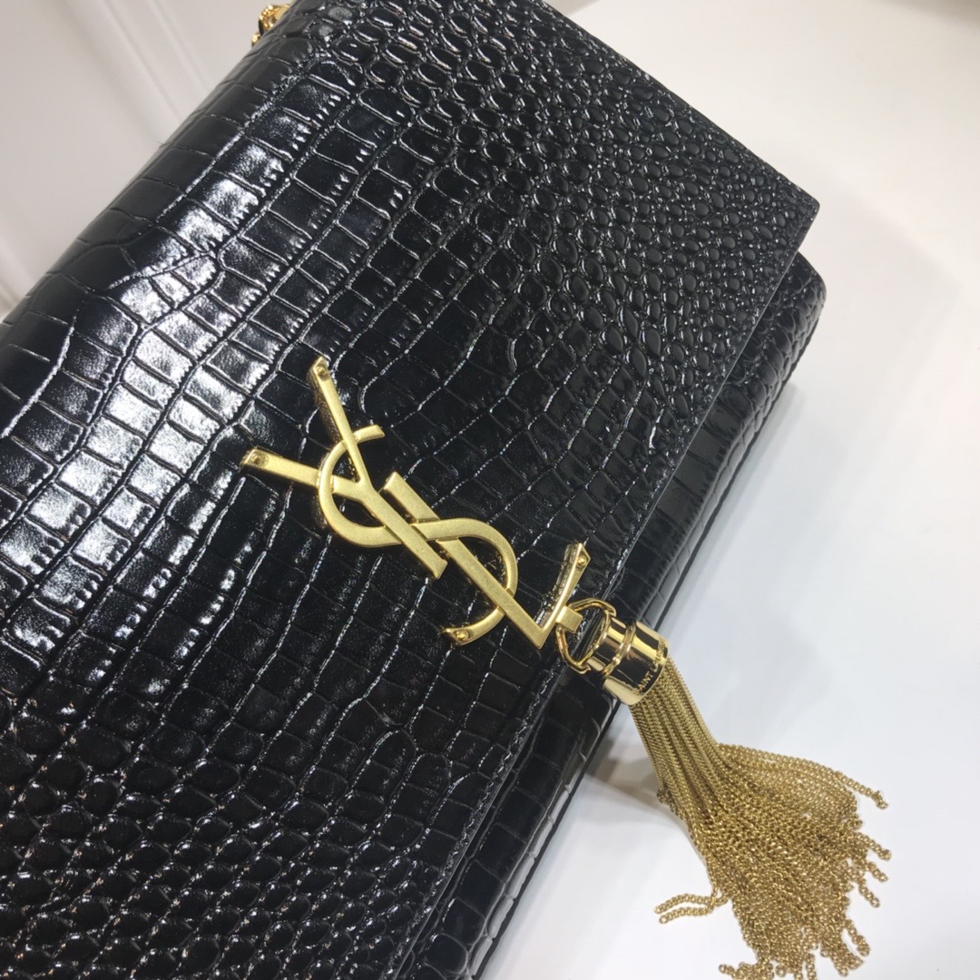 Sa1nt Lau*nt Kate Medium Chain Bag With Tassel In Embossed Crocodile Black For Women 9.4in/24cm Y51 354119DND0J1000
