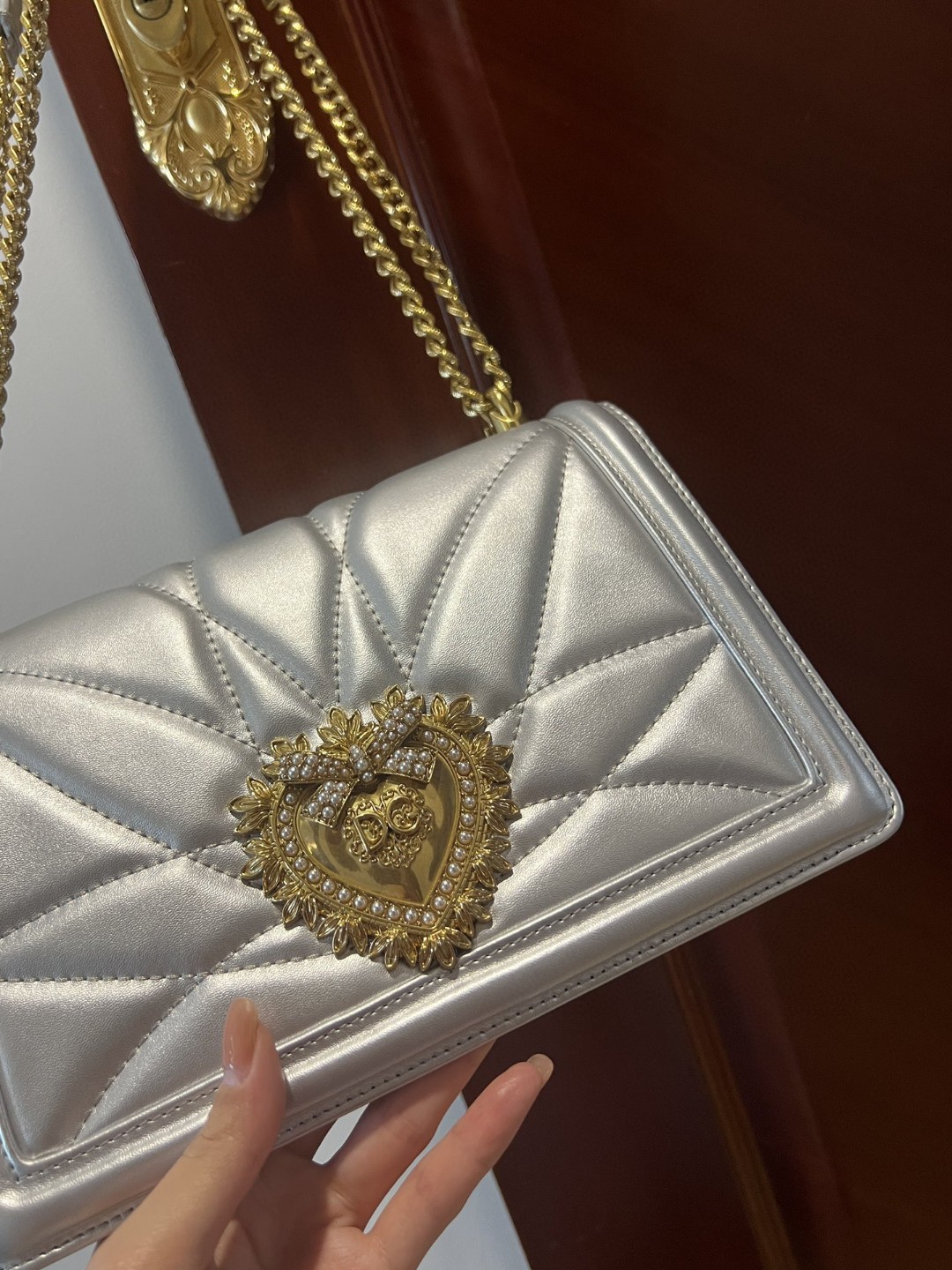 Dolce & Gabbana Large Devotion Bag In Quilted Nappa Silver For Women 10in/26cm DG