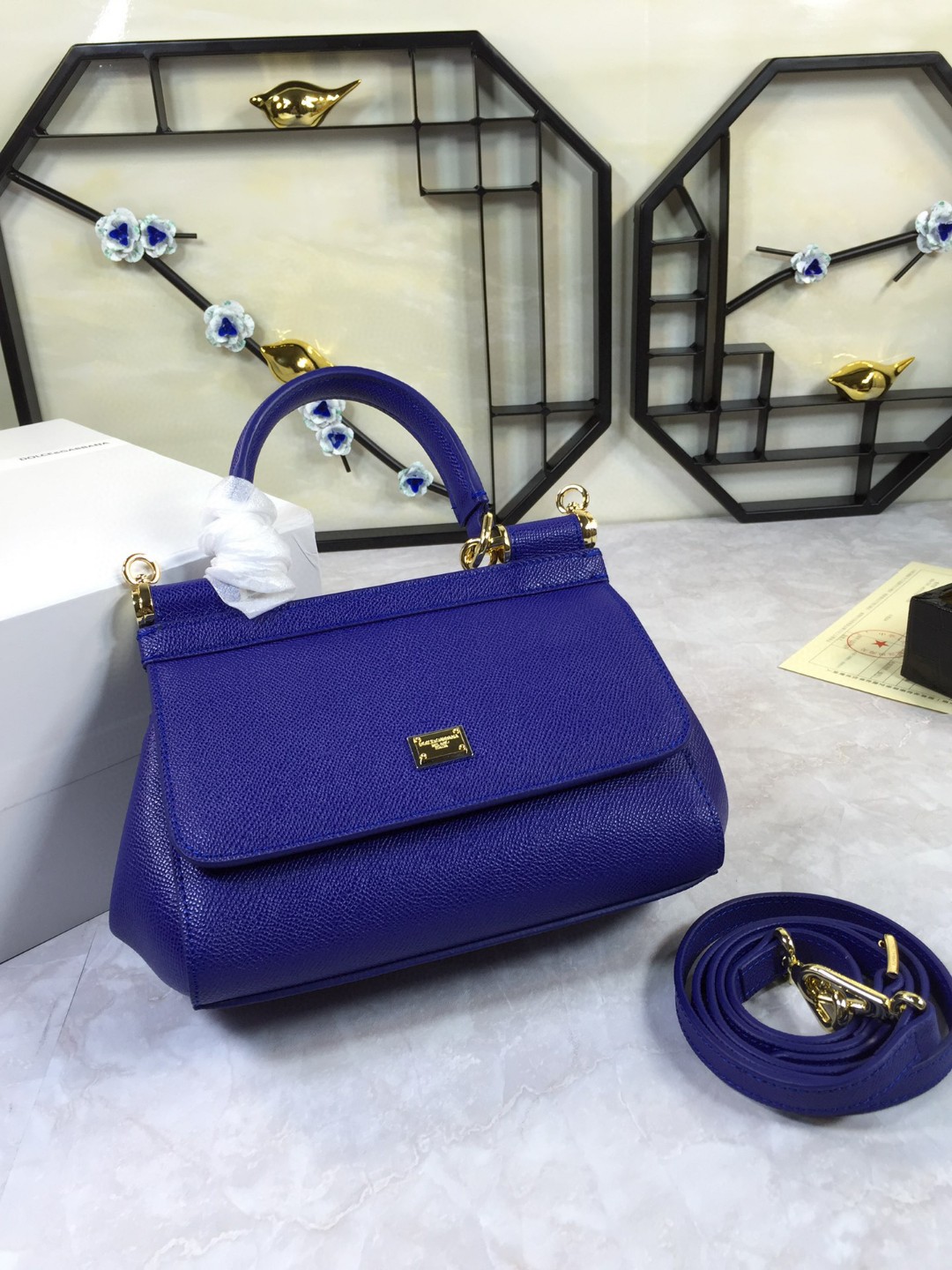 Dolce & Gabbana Medium Sicily Handbag In Dauphine Dark Blue For Women 10.2in/26cm DG