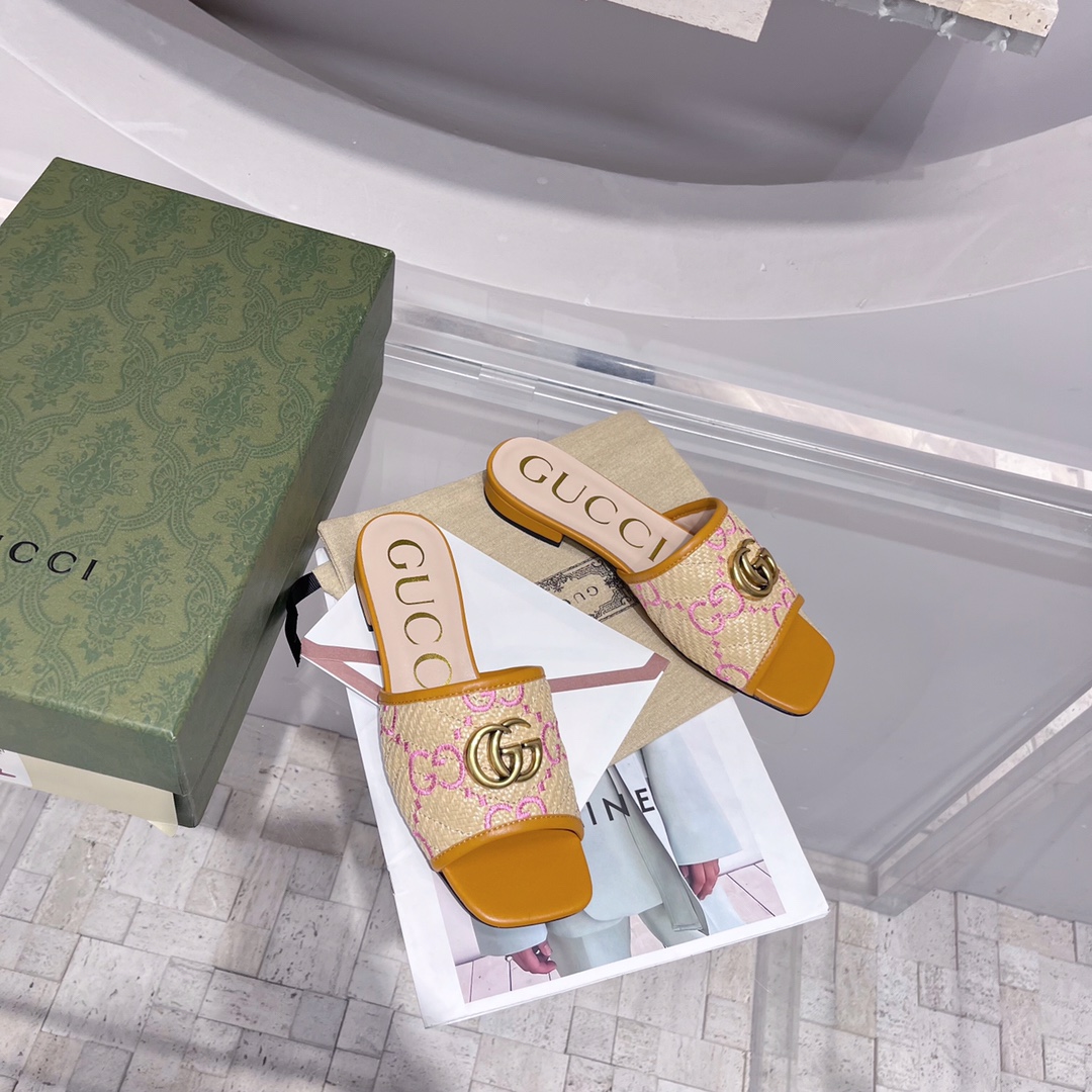 Gvc*1 Women’s GG Raffia Effect Slide Orange For Women GG 701106 UWB90 9670