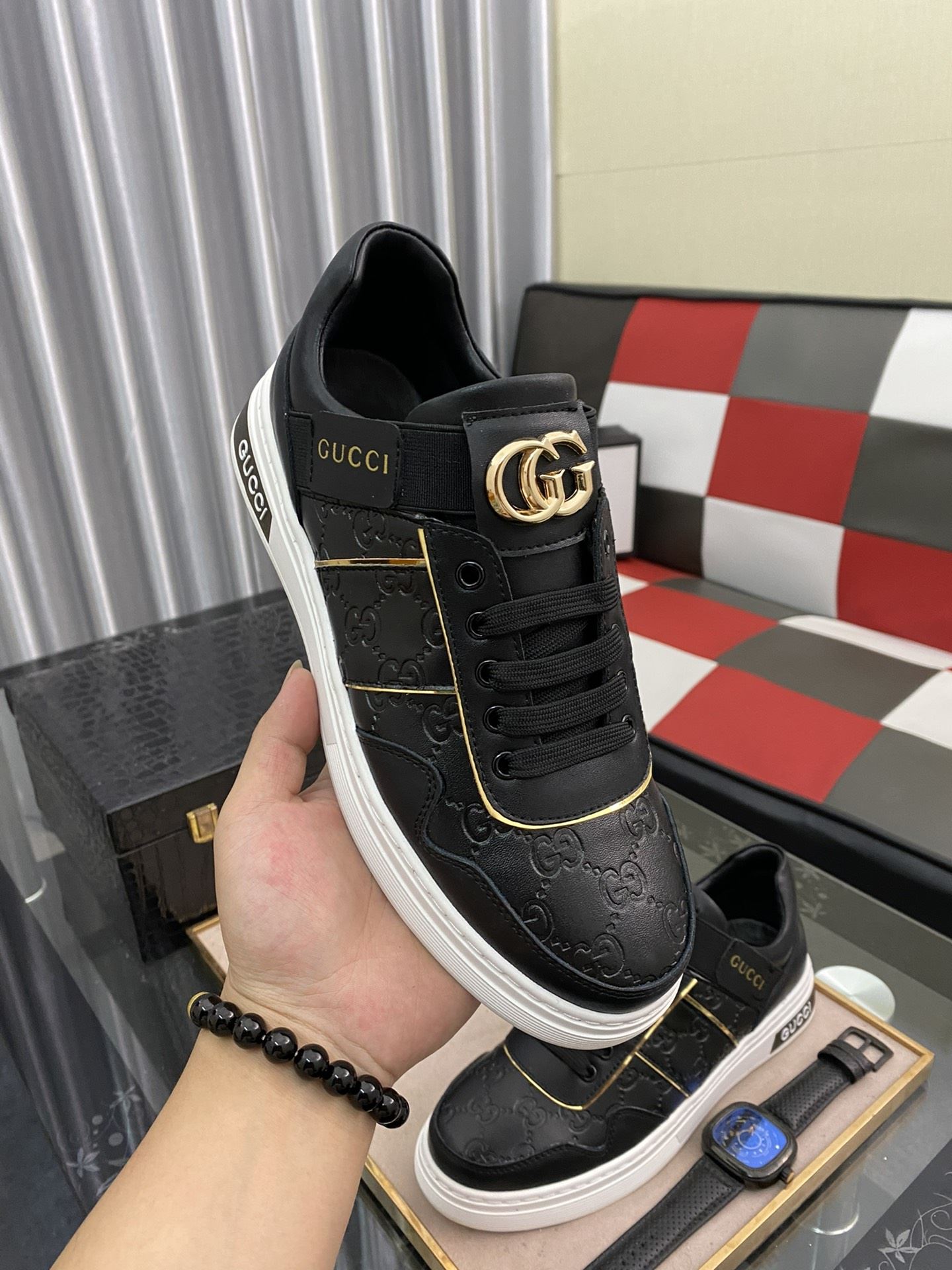 Gvc*1 Men’s GG Embossed Sneaker Loafer With GG Black Gold For Men