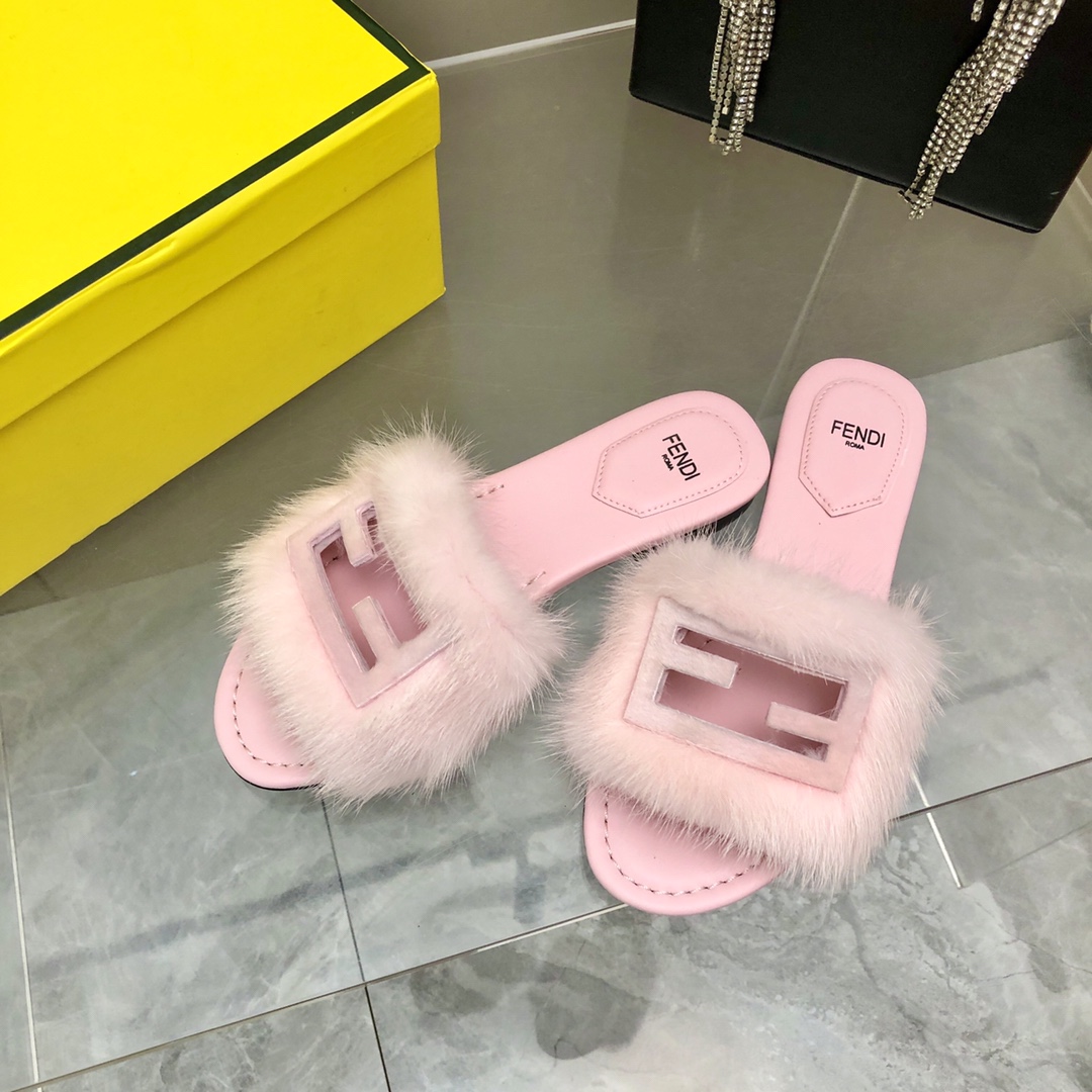F**di Signature Pink Mink Slides For Women