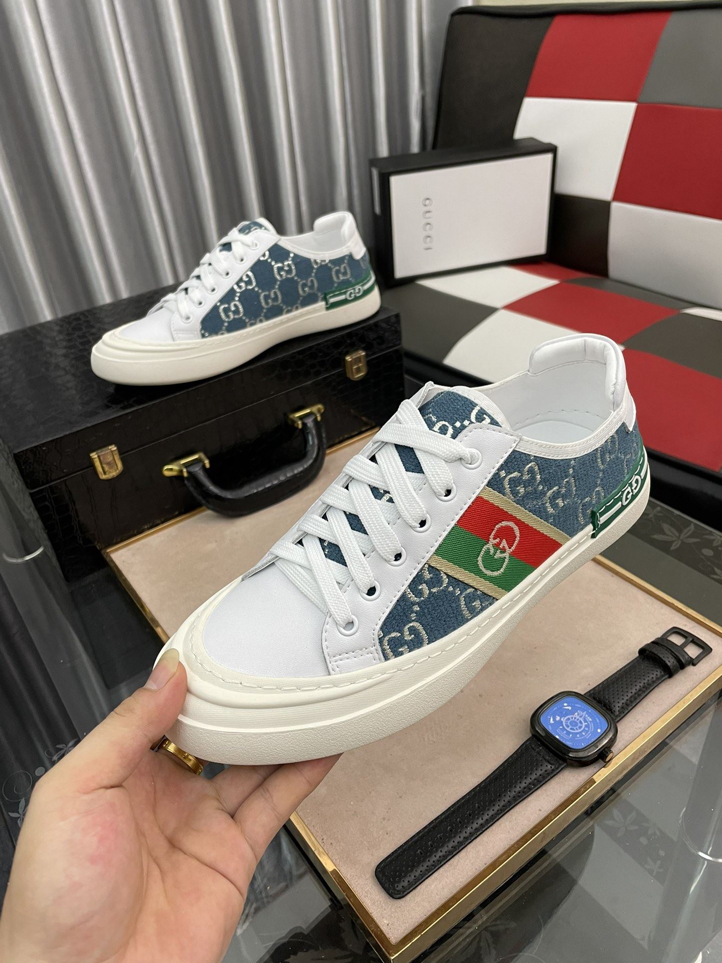 Gvc*1 Men’s GG Embroidery Sneaker With Web White And Blue For Men