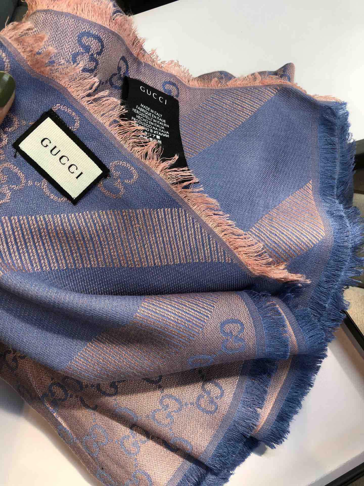 Gvc*1 GG Jacquard Silk Wool Shawl Blue 55in/140cm