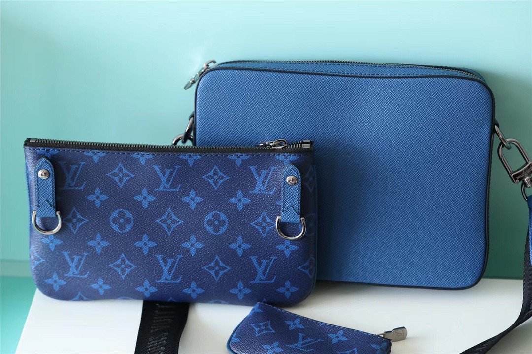L0vis Vvtt0n Trio Messenger Monogram Canvas And Taiga Cobalt Blue For Men, Men’s Bags, Shoulder And Crossbody Bags 9.5in/25cm LV M30848