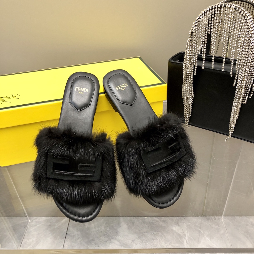 F**di Signature Black Mink Slides For Women