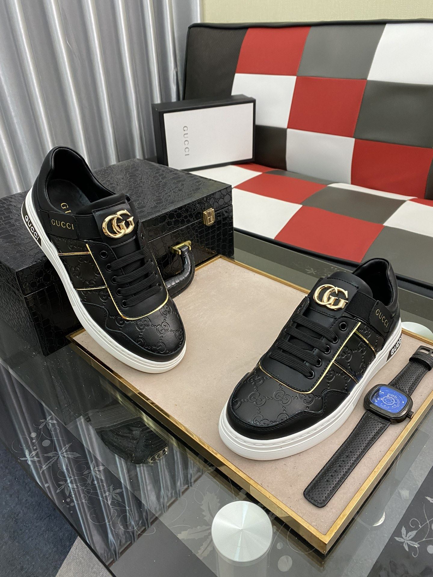 Gvc*1 Men’s GG Embossed Sneaker Loafer With GG Black Gold For Men