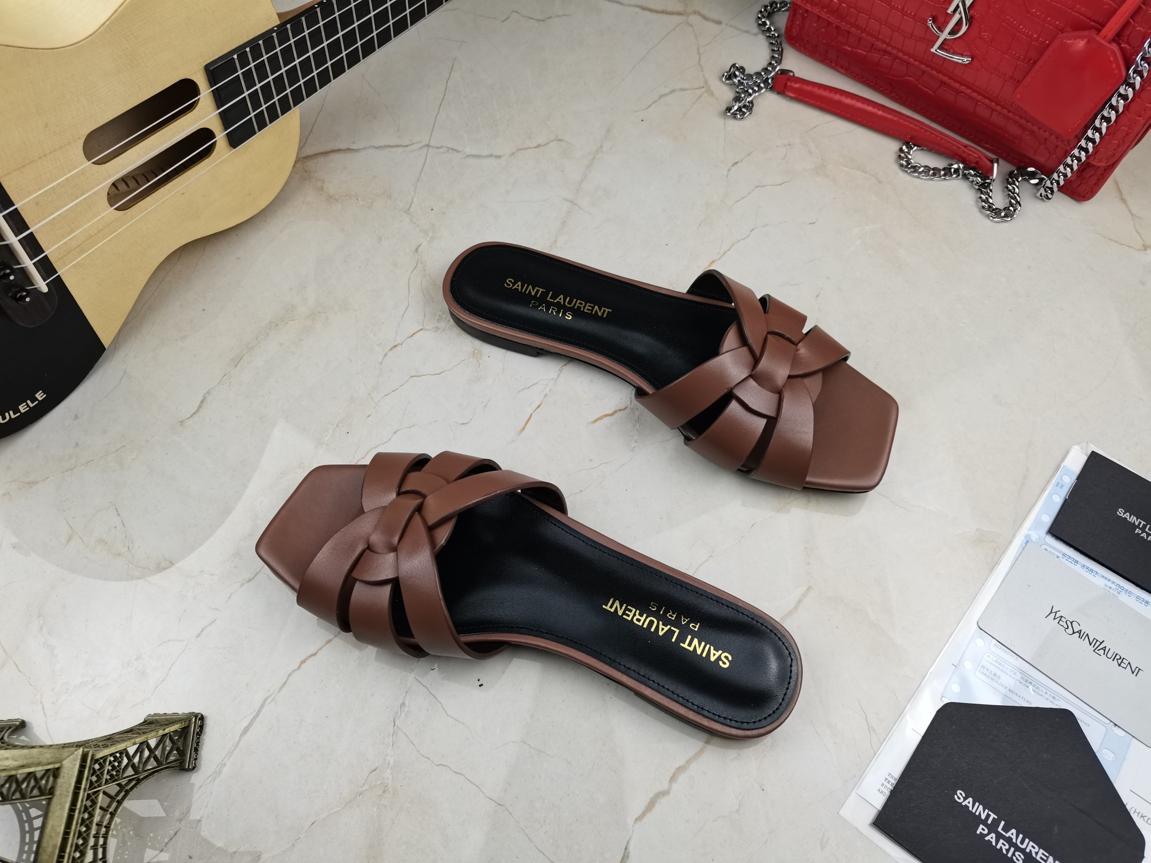 Sa1nt Lau*nt Women’s Tribute Flat Mules Brown For Women Y51