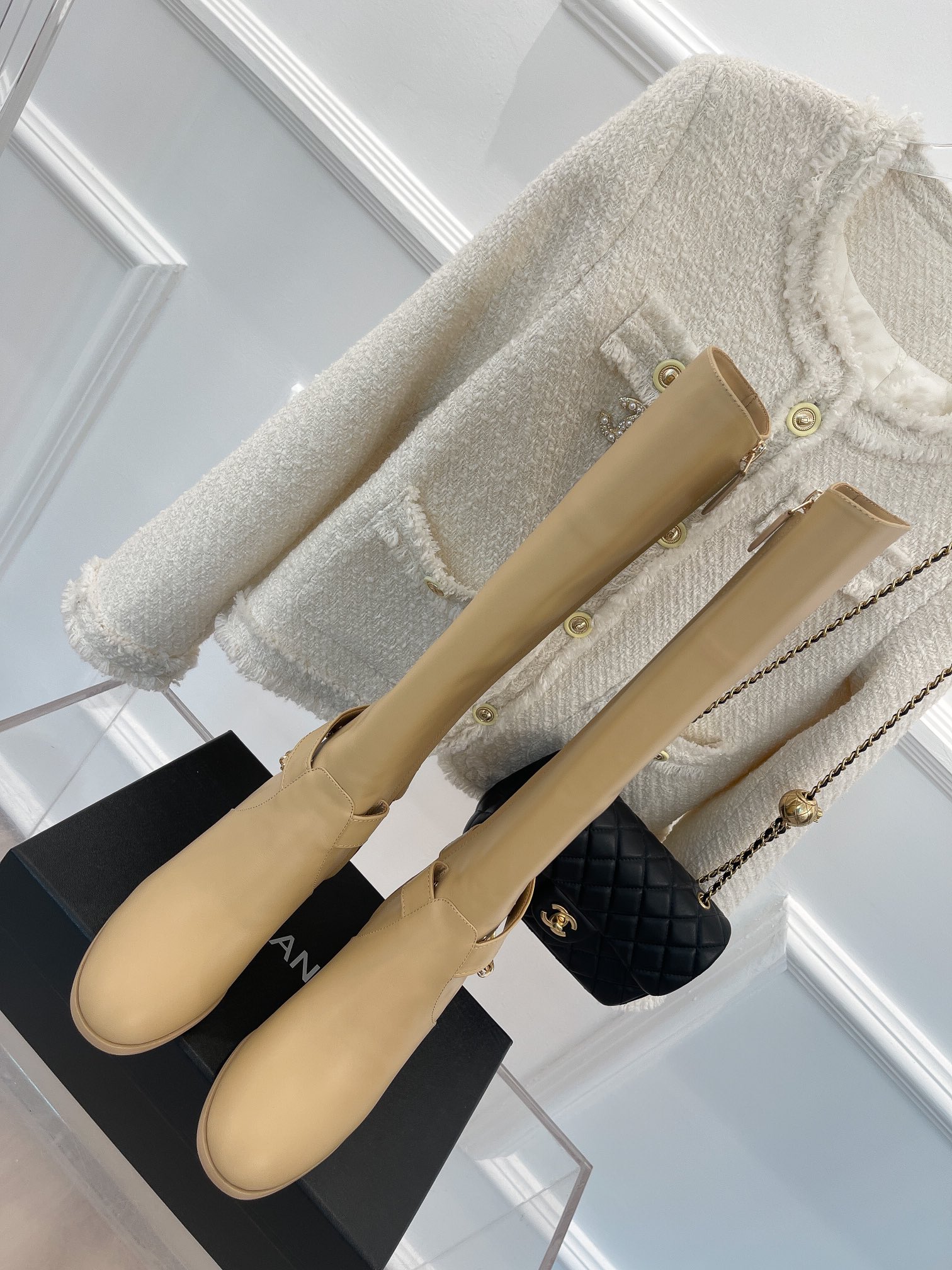 Ch**el Women’s High Boots With Chain Beige For Women 3.7in/ 9.5cm