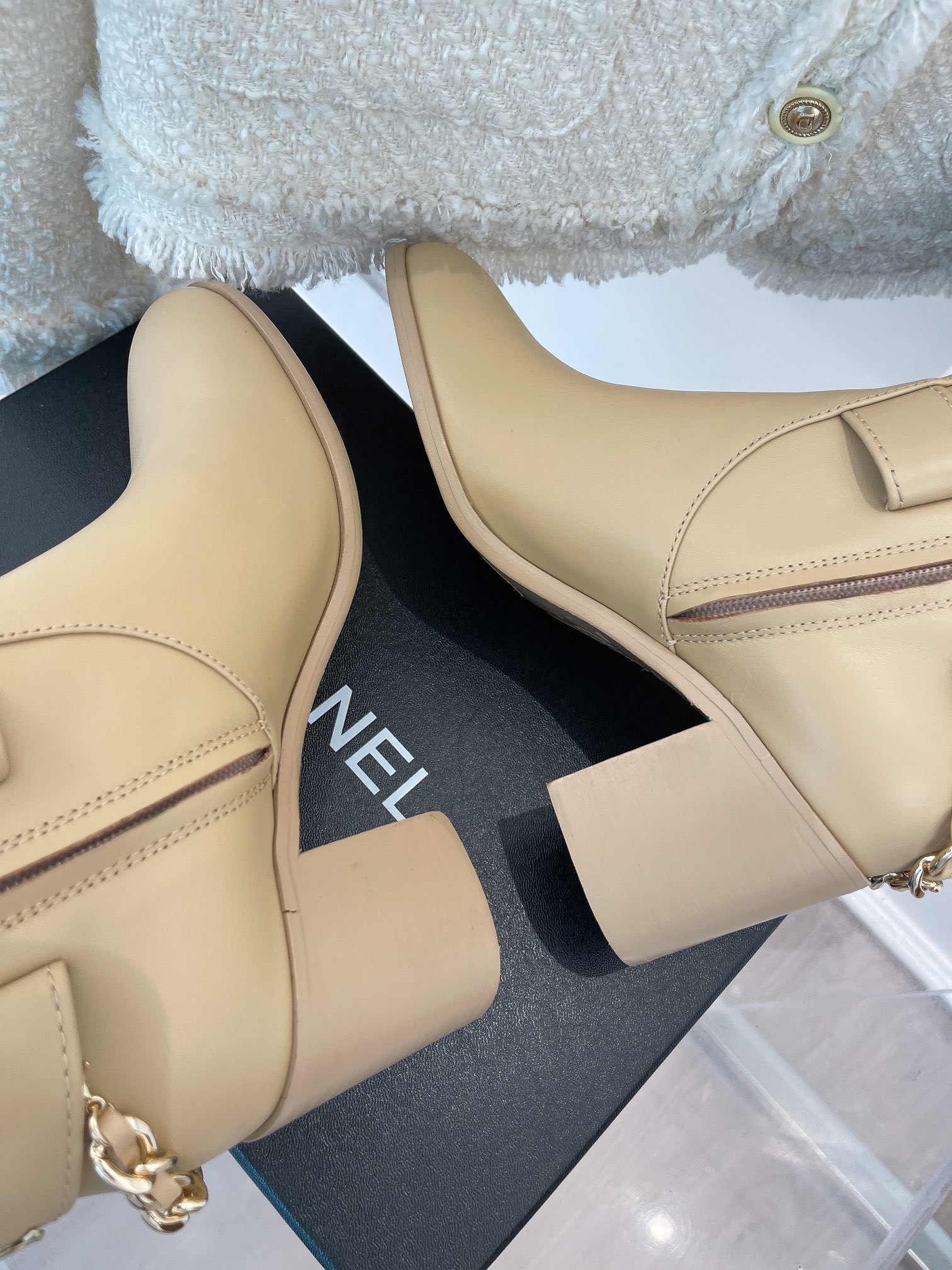 Ch**el Women’s High Boots With Chain Beige For Women 3.7in/ 9.5cm